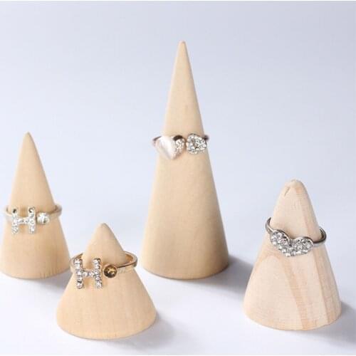 Vintage Natural Unpainted Wooden Ring Jewelry Display Rack Stand Cone Shape Holder Organizer Showcase for Exhibit