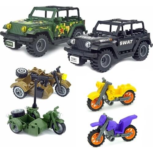 Military Cross Country Motorcycle Army Soldiers SWAT SUV City Police Car Brick Set WW2 Military Accessories Building Blocks