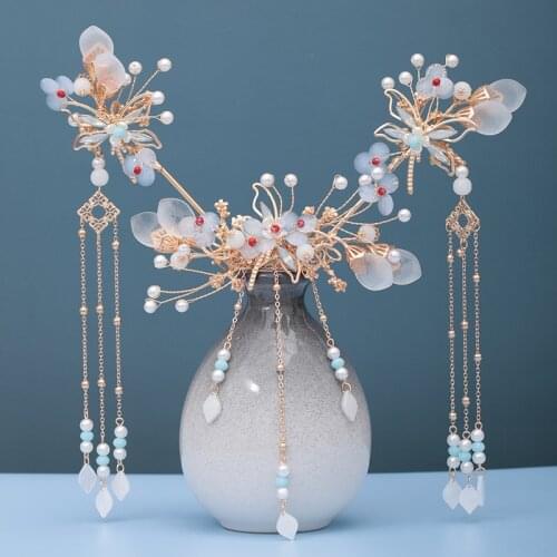 Retro Butterfly Jewelry Flower Pearls Beads Tassels Hairpins Clips Hiar Forks Sticks for Bride Noiva Chinese Wedding FORSEVEN
