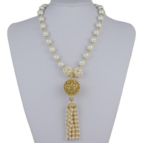 3-4mm White Freshwater Pearl Necklace Gold Color Zircon Shell Pearl Beads Tassel Pendant Statement Choker Women Bib Fine Jewelry