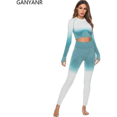 GANYANR Yoga Sets Women Gym Clothing Fitness 2 Pieces Workout Jogging Sport Suit Sportswear Tracksuit Leggings Seamless Bodysuit
