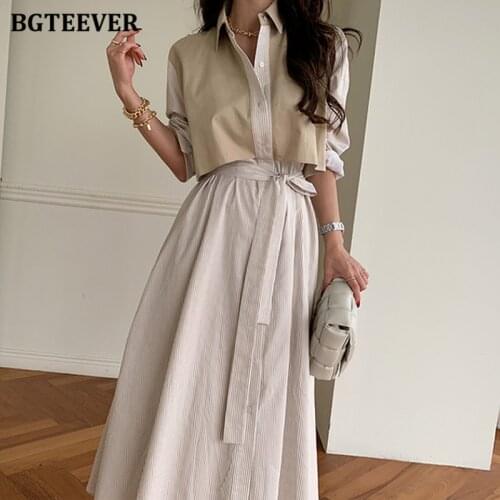 BGTEEVER Autumn Casual Striped Fake 2 Pieces Women Dress Turn-down Collar Single-breasted Lace-up Female Loose A-line Dress