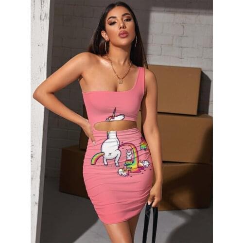 Giyu Brand Unicorn Dress Women Animal Bodycon Dress Rainbow Pleating Harajuku Vestido Sexy Womens Clothing Summer Beach Boho