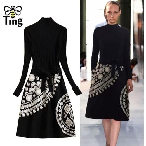 Tingfly Vintage Runway Fashion Embroidery Knitwear A Line Dresses Winter Autumn Casual Retro Street Black Vestidos Robe Trendy