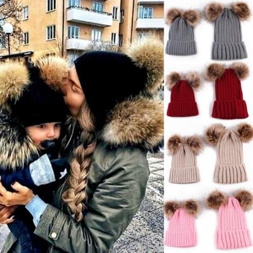 Mother Baby Kids Daughter Son Winter Warm Hat Family Crochet Fur Ball Beanie Cap