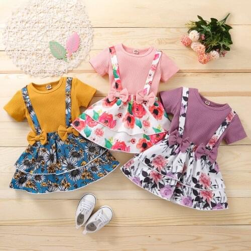 2Pcs Kids Summer Outfit, Solid Color Ribbed Short Sleeves T-Shirt + Floral Overalls Dress for Girls, 1-5 Years