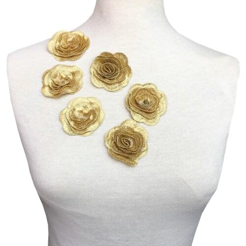 20pc 3D Flower Applique Sew On Rose Embroidery Patch Gold Patches For Clothing Parches Ropa Sewing Accessories AC1424