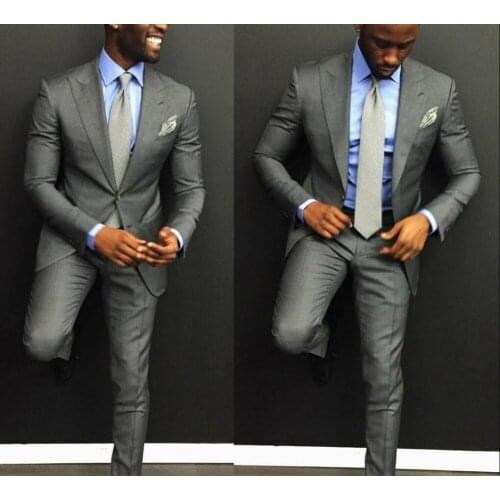 2021 Last Coat Pant Design Casual Business Groom Tuxedos 2 Buttons Grey Peak Lapel Groomsmen Best Man Suit Mens Wedding Suits