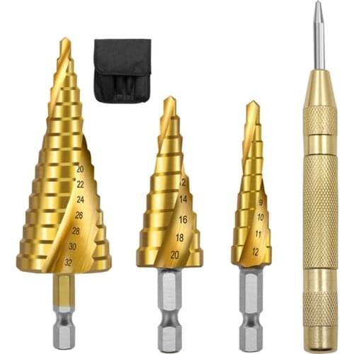 3pcs HSS Steel Titanium Spiral Flute Step Drill Bit with Automatic Center Punch Metal Wood Cutter