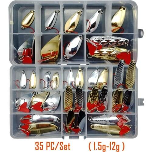 35PCs Kit 1.5g-12g Metal Spoon Fishing Lure Bait Set Casting Jigging for Rock Boat Sea Trout Bass Angling Tackle with Box