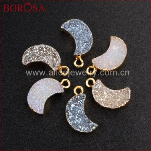 BOROSA 2017 New Arrival 10 pcs Druzy Jewelry Gold Color Rainbow Titanium Druzy Moon Charm G1175 Free Shipping DIY For Wemen