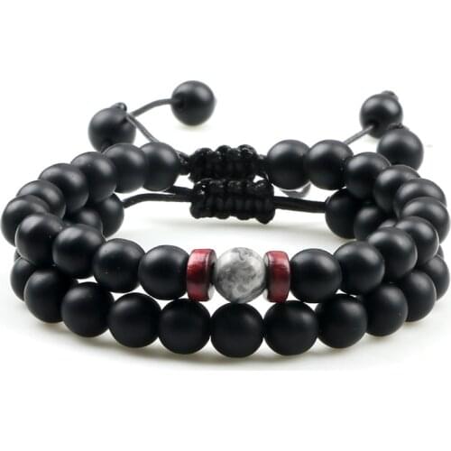 Men Natural Stone Bracelet Set 8mm Black Matte Beaded Moonstone Adjustable Woven Bracelets Women Charm Jewelry Gifts for Couple
