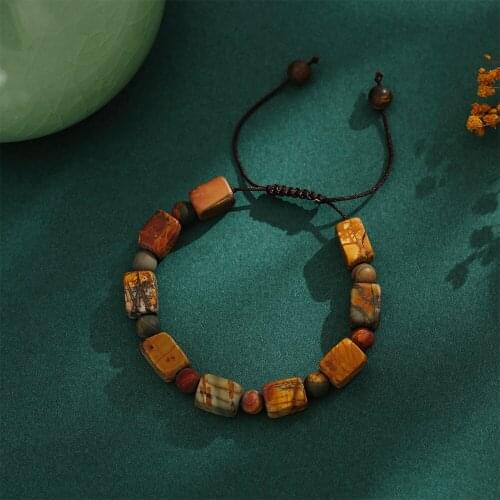 Boho Handmade Picasso J asper Bead Bracelet Handwoven Natural Stone Beaded Strand Adjustable Bracelet for Women Men Gift