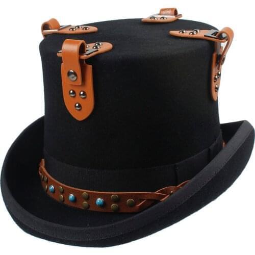 Black Steampunk Top Hat 100% Wool Women Men Handmade Gear Hat Millinery Fedora Goggles Party Cosplay Cap S M L XL Steampunk Hat