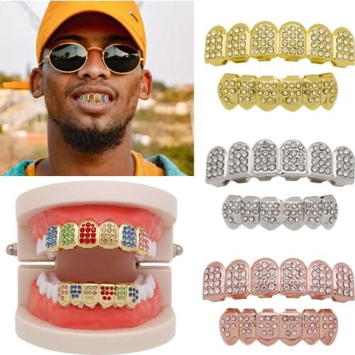 Hip Hop Iced Out Grillz Top & Bottom Teeth Grillz Colorful Punk Grills Dental Gold Tooth Caps Rapper Jewelry Rhinestone Grillz