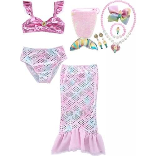 LUCKKIDS Swimsuit Mermaid Tail with Accessories 12PCS Princess Set Girls Cute Swimmable Mermaid Costume Bathing Suit Pool Party