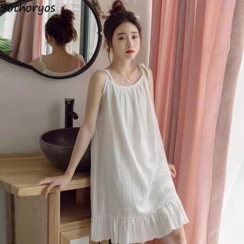 Spaghetti Strap Nightgowns Women Solid Sweet Girls Leisure Loose Ruffles Sleepshirts Cozy Trendy Females Lounge Breathable Chic
