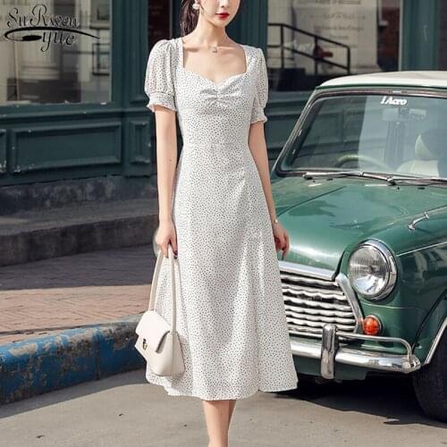 Summer New Split Midi Long Dress Elegant Woman Party Dress White Polka Dot Dress High Waist Fashion Square Collar Dresses 13278