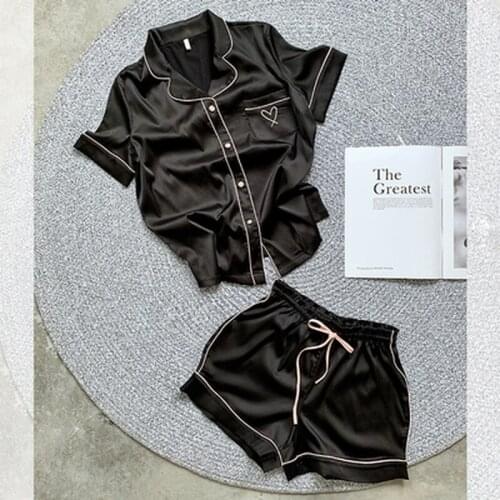 Richkeda Store New 2021 Silk Pajamas for Women Home Suit Heart Embroidered Pyjamas Pj Set Satin Nightwear Sleepwear