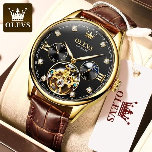 OLEVS Mens Watch Top Brand Luxury Mechanical Watch Mens Fashion Leather Strap Mens Watch Relogio Masculino reloj hombre