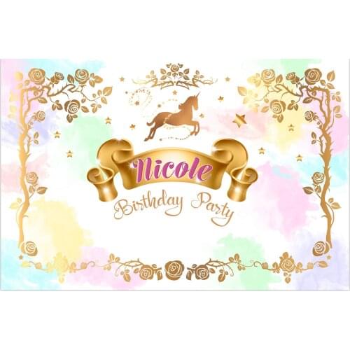 Custom Gold Magical Unicorn Floral Banner Watercolor Baby Shower backdrop Computer print birthday backgrounds
