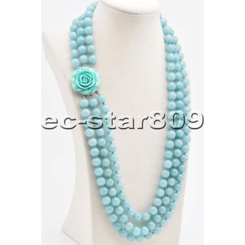 S2217 3row 26" 10mm Wathet Aquamarine Jade Bead Necklace Flower