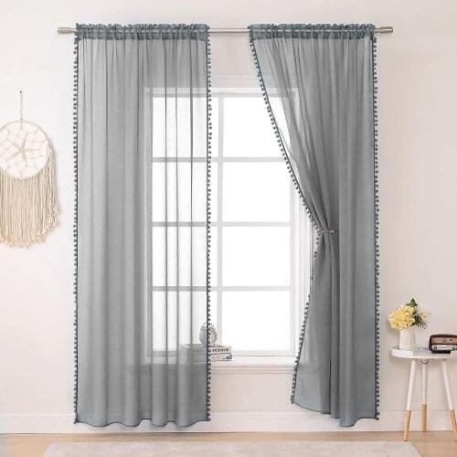 WIndow Screening Grey Curtains Tulle Drape WIndow Screening Ball Panel Rod Pocket Top Pompom Solid Curtain Sheer Gauze Valance