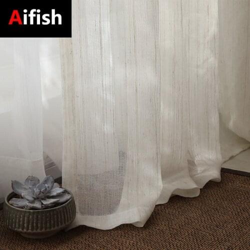 Nordic Cotton and Linen Curtain Tulle Drapes Japanese Style Fresh Stripe Gorgeous Bedroom Sheer Decorative Balcony Yarn 2