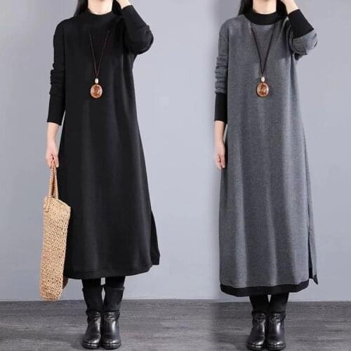 Warm Fleece Dress Mid-Long Vestidos Black Grey 2020 Winter New Solid Color Thick Turtleneck Pullover Dresses Straigth Vestidos