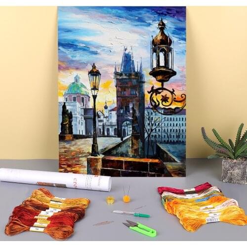Evening In Prague Printed Water-Soluble Canvas 11CT Cross Stitch Kit Embroidery DMC Threads Knitting Sewing Painting Magic