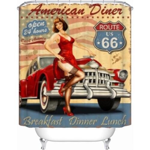Vintage Route 66 Poster Shower Curtain American Girl Beauty Curtains Bathroom Decor Fabric Polyeseter Bathtub Curtain With Hooks