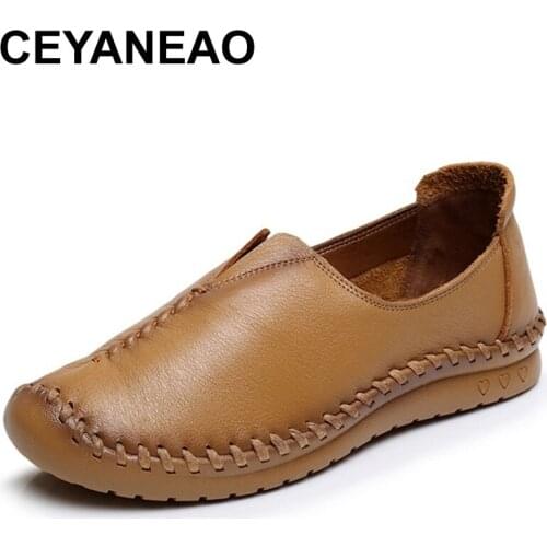 CEYANEAO 2019Women Flats Pure Handmade Ladies Shoes Fashion Genuine Leather Soft Loafers Solid Women Casual Flat ShoesE1493