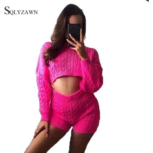Womens Knitted Two Piece Outfits Autumn Long Sleeve Crop Top and Shorts Female Fall Sexy Streetwear Club Sweater Sets Costume