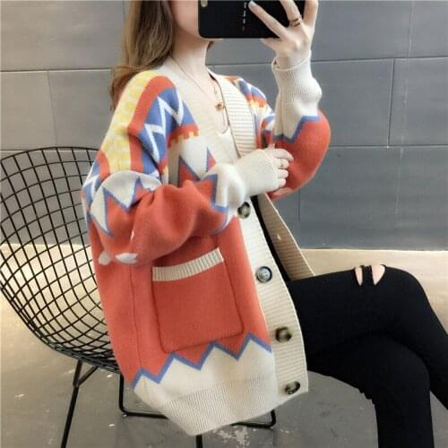 2021 Autumn Winter Women Vintage Cardigan Female Long Sleeve Casual Loose V Neck Knitted Cardigan Ladies Thick Print Sweater T46