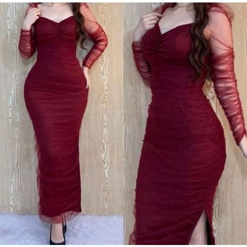Elegant Sheath Satin Long Sleeve Prom Dresses Long Pleated Zipper Back Ankle Length Robe De Soiree Red Formal Party Gown