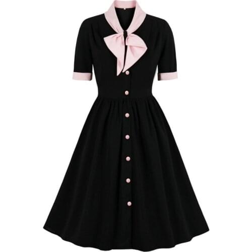 Women Vintage Clothes Short Sleeve Button High Waist Rockabilly Dress Red Elegant Party A-Line Summer Tunic Swing Dresses