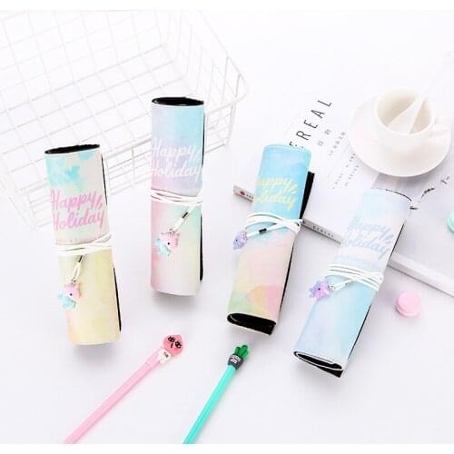 12pcs Fantasy Color Kawaii Large Pencil Roll Bags for School Office Supplies Cute PU Pencil Pouches Makeup Pen Organizer Gift
