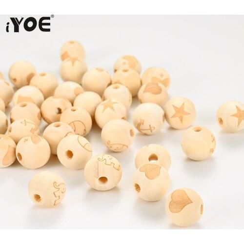 20/30/50pcs16mm Round Wooden Beads Heart Elephant Star Crown Beads for Jewelry Making DIY Necklace Handmade Supplies