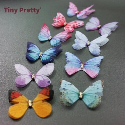 20PCS 3D Organza Butterflies w/ Rhinestone Chiffon Artificial Butterfly Appliques for Baby Hair Accessory, Party Decoration