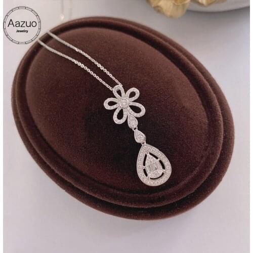 Aazuo 18K White Gold Real Diamonds 0.50CT WaterDrop & Flower Drop Chain Necklace Gift For Women Engagement Party Au750