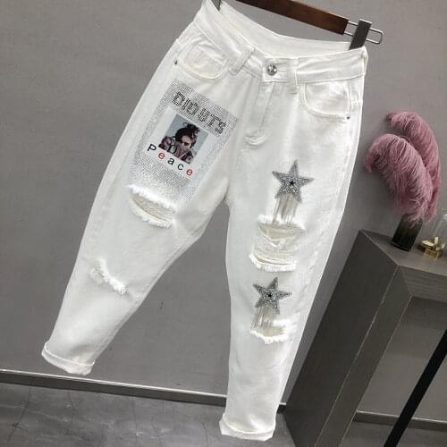 White Jeans Womens 2021 Spring Summer Loose High Waist Sequins Hole Denim Harem Pants Plus Size Lady Casual Ankle-length Pants