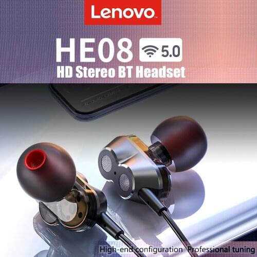 Lenovo HE08 BT 5.0 Neckband Wireless Headphone Dual Dynamic 4 Speakers HiFi Stereo Earphone Sport Headset With Mic