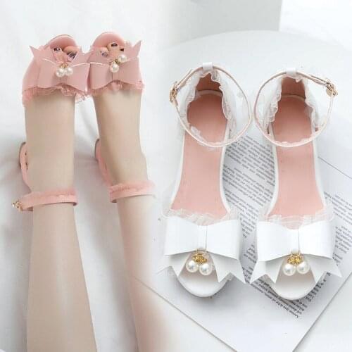 YMECHIC Pink White Princess Lovely Chunky Heels Sandals Women Summer Party Lolita Womans Shoes Ruffles Ankle Strap Bow Sandal