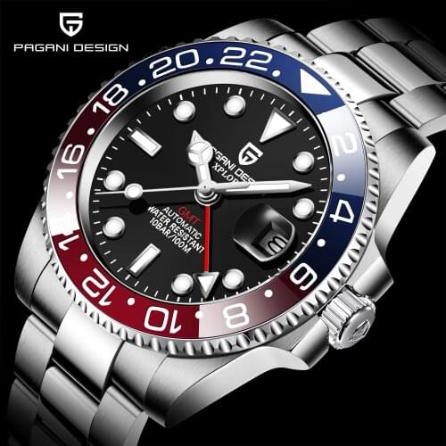 PAGANI DESIGN Top Brand Sapphire GMT Watch Stainless Steel Men Automatic Waterproof Sports Mechanical Watches Relogio Masculino