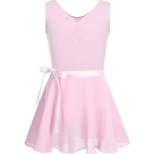 Kids Teens Sleeveless Gymnastics Leotard with Chiffon Skirt Children Girls Tutu Ballet Dress Performance Dancewear Two Piece Set