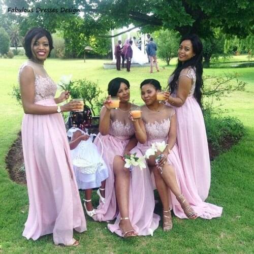 Pink Applique Lace Long Bridesmaid Dresses O Neck Split A Line African 2021 Wedding Party Dress Cheap Robe De Soirée De Mariage