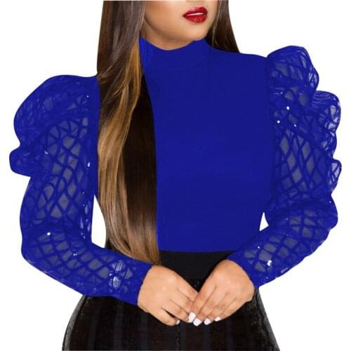 Kayotuas Women T-Shirt Ladies Tops Turtleneck Sexy Plaid Mesh Long Puff Sleeve Slim Fitted Vintage Streetwear