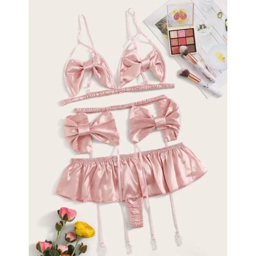 3 Pcs Ladys Hollow Out Sexy Lingerie Set Bowknot Bras + Briefs + Garters Women Sexy Bow Lingerie Set for Honeymoon Exotic Sets