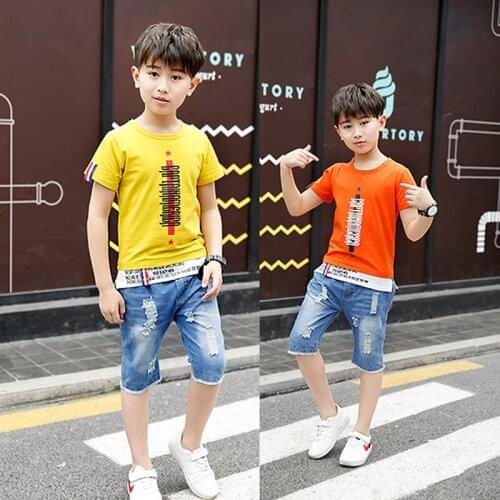 Kids' wear tide new boys girls clothes short-sleeved T-shirt sweatshirt + half-length jeans two-piece set child quality clothing