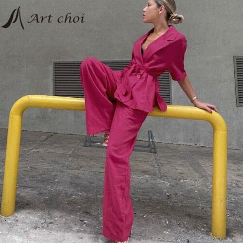 Summer Two Piece Set Tracksuit Casual Outfit Suit Women Half Sleeve Blouse Tops Belt Wide Leg Pants Trousers Cotton 2 Piece Sets